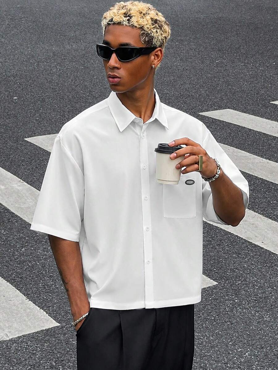 HOMIIE Men White Boxy Short Sleeve Button Down Shirt, Lapel Collar Single Chest Pocket Loose Cropped Top, Streetwear Back To School Outfit - White - View 1
