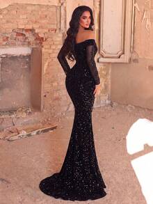 Faeriesty Elegant Open Shoulder Sequin Decor Sheer Sleeve Mermaid Evening Gown - Fall Wedding Party Black - Black - View 2