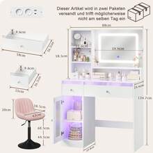 Devoko tocador con espejo LED, iluminación RGB y modo música, tocador con superficie de cristal, cajones, estante abierto, regleta de enchufes, USB/Tipo C y función de temporizador, blanco - Ver 11