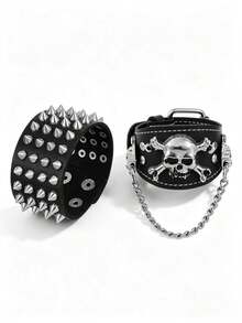 2 buah Gelang Tengkorak Punk Gothic + Gelang Paku Keling, Cocok untuk Gaya Motor Rock Vintage Pria, Hadiah Istimewa untuk Pria - Hitam - View 6