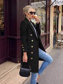 Women's Wool-Like Fabric Overcoat With Peak Lapels And Double Button Detail Long Sleeve Regular Fit Jacket, Casual For Autumn/Winter Black - Black - View 1