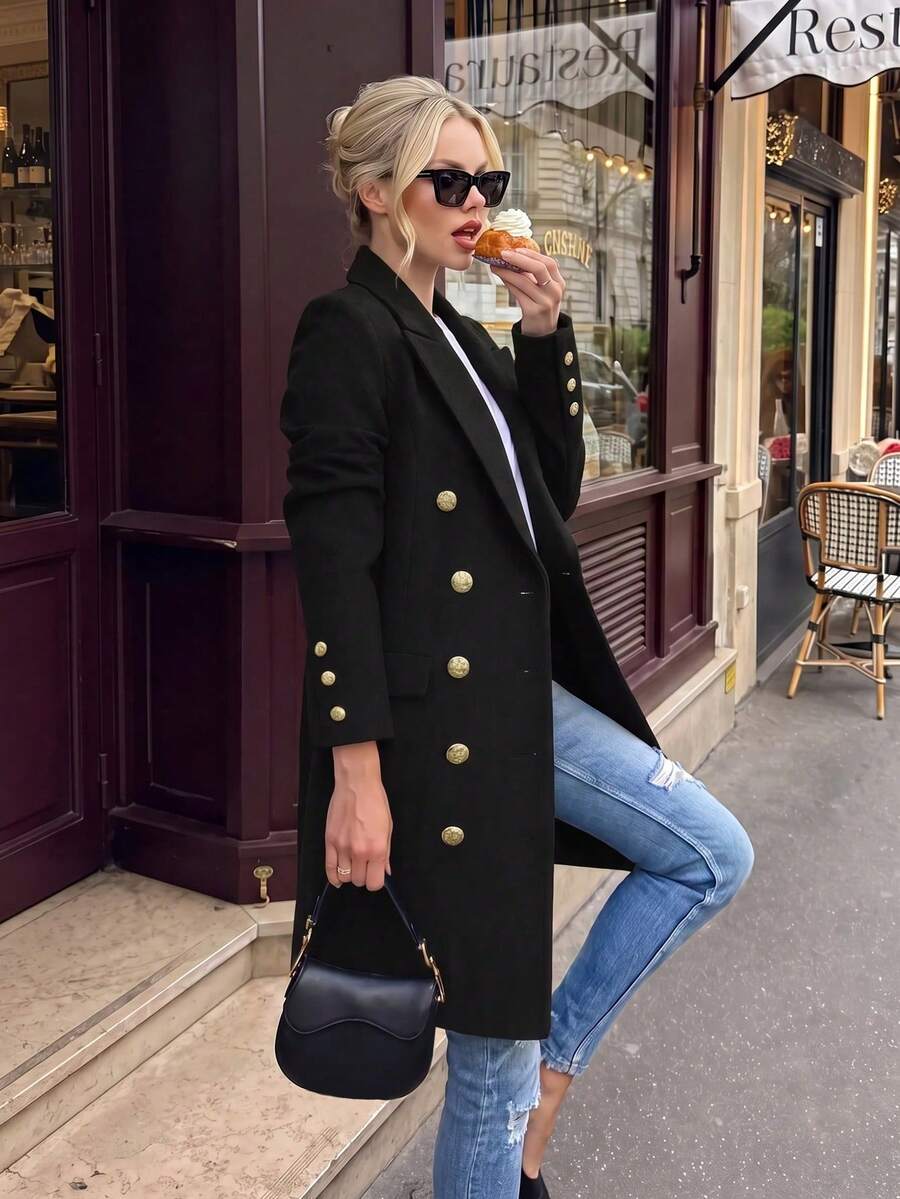 Women's Wool-Like Fabric Overcoat With Peak Lapels And Double Button Detail Long Sleeve Regular Fit Jacket, Casual For Autumn/Winter Black - Black - View 1