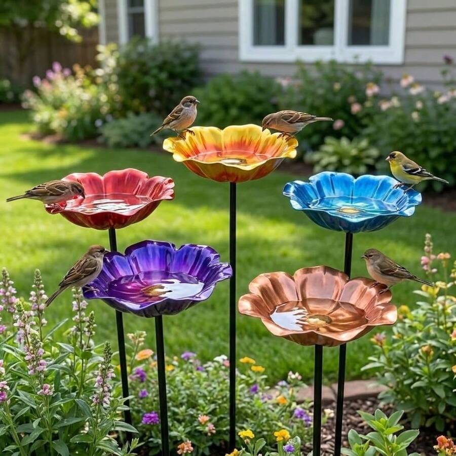 1 Peça Estaca de Banho de Pássaros, Alimentador de Pássaros de Jardim em Forma de Flor de Metal Feito à Mão, Decoração Estética Resistente às Intempéries, Estilo Vintage Destacável, Banho de Pássaros Externo para Gramado e Quintal - Tamanho Único - Visão 1