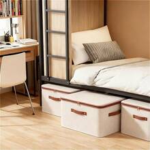 Beige Fabric Storage Boxes Multi-Piece Set With Brown Piping, Zipper Design And Leather Handles. Suitable For Home And Closet Organization, Durable Linen Texture Rectangular Boxes With Lids And Dual Handles - Multicolor - View 8