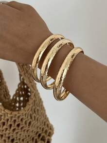 3pcs Elegant Vintage Minimalist Geometric Hammered Texture Bracelet Set Suitable For Women's Daily Wear - Golden - View 4