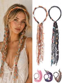 Plush Marrone Color Long Tassel Ribbon Braided Headband, Bohemian Style Hair Accessory Wig - Color - View 8