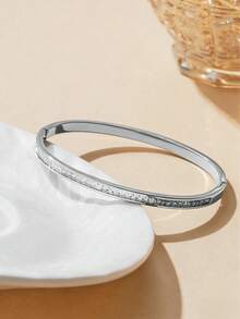 5PCS/1PC Stainless Steel Bracelet, Roman Numeral & White Shell Inlaid & Rhinestone Bracelet, Stackable Jewelry Gift For Women - Silver - View 9