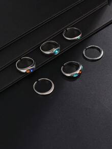 6pcs Vintage Distressed Silver Asymmetrical Colorful Gemstone Ring Set, Textured Colorful Rhinestone Rings, American Y2K Men's Stackable Hand Jewelry - White K - View 5