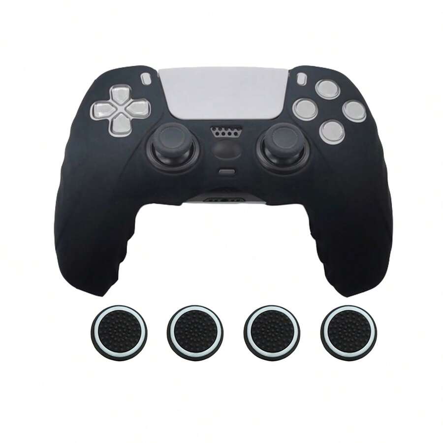 適用於 PlayStation 5,1件遊戲控制器矽膠保護殼 + 4件搖桿帽套組,防塵、防刮、防滑,提升遊戲操控手感 - 查看 1