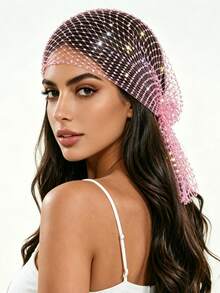 1pc Rhinestone Fishnet Headscarf, Crystal Fishnet Headwrap, Sparkling Rhinestone Mesh Long Tail Hair Cap, Party Bridal Styling Headpiece, Elastic Hairband, Luxury Black Rhinestone Mesh Headwrap Scarf - A - View 11