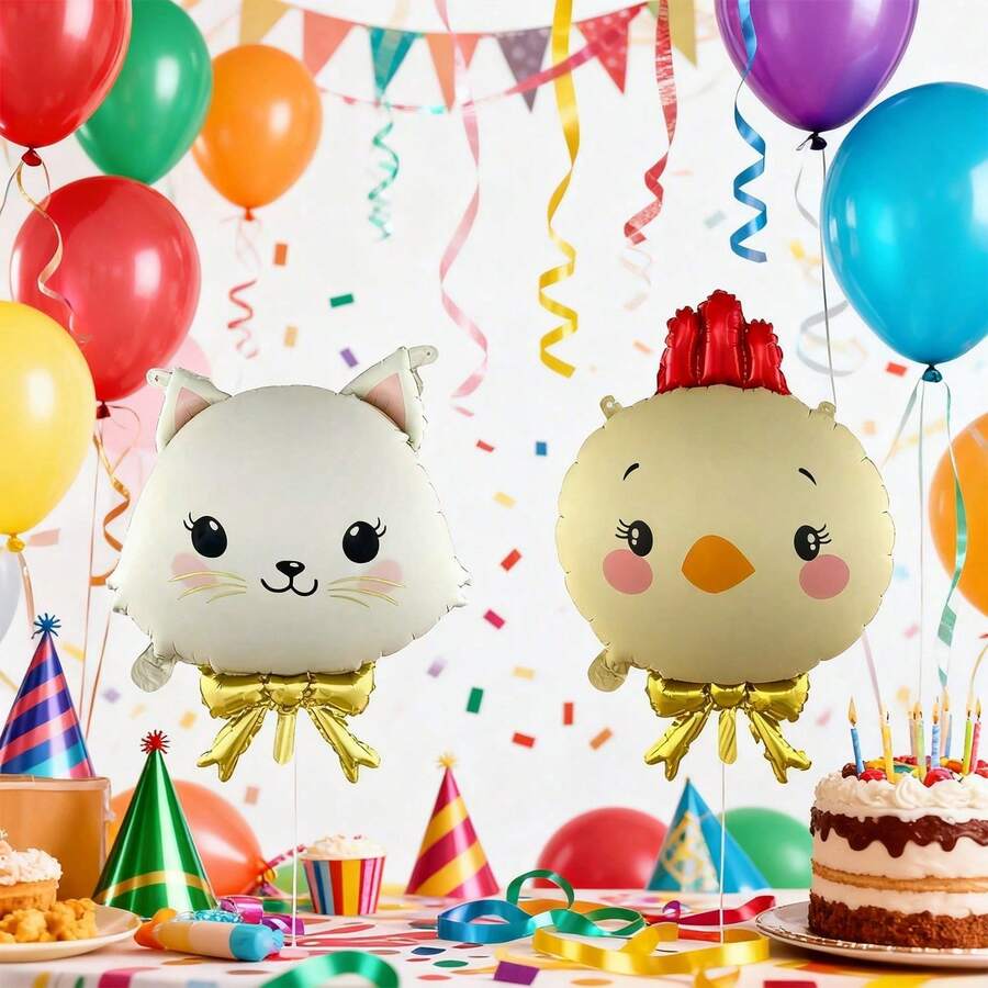 Gold Bow Chick And Cat Cartoon Shaped Foil Balloons, Suitable For Birthday Party Decoration, Animal Theme Party Decor - Multicolor - View 1