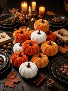 8/1pc Thanksgiving Artificial Pumpkin, Faux Velvet Pumpkin Orange Brown White Artificial Pumpkin Berry Maple Leaf Decoration, Autumn Table Centerpiece Decor, DIY Decoration, Autumn Harvest Festival Decoration, Halloween Decoration, Thanksgiving Decoration, Desktop Decoration, Thanksgiving Gift, Party Decoration, Home Decor - Velvet Pumpkin Ornament - View 4