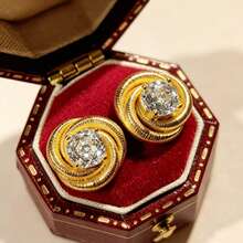 Light Luxury Vintage Octagonal White Zirconia Inlaid Brushed 18K Gold Plated Rose Stud Earrings For Women - White - View 1