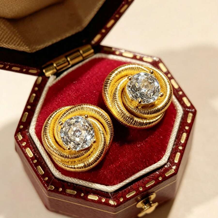 Light Luxury Vintage Octagonal White Zirconia Inlaid Brushed 18K Gold Plated Rose Stud Earrings For Women - White - View 1