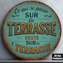 2D Flat, 1pc French "Terrasse" Teal And Rustic Green French Terrace Sign 8-Inch Round Vintage French Metal Plaque, Suitable For Outdoor French Cafe, Terrace, Balcony And Wall Decor (Random Hole Position) - A - View 1