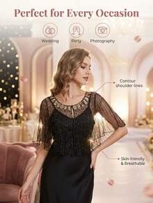 1pc Thin Sequin Beaded Short Shawl, Evening Dress Shawl, Fashionable Elegant Ball Shoulder Wrap, Casual Fashion Bolero Cover-Up - Black - View 5