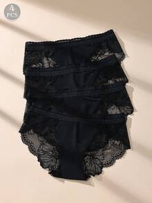 4 buah Celana Dalam Segitiga Wanita Pinggang Rendah Motif Renda Hitam, Romantis & Seksi - MultiWarna - View 2