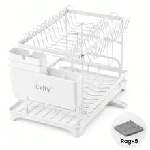 Senmeo 2-Tier Steel Dish Drying Rack, Includes 5 Rags + Built-In Drainboard And Hook Set, Rust-Proof & Sturdy, Space-Efficient For Kitchen/Countertop, Ideal Seasonal Storage Solution - Black (gift 5 Cleaning Cloths)) - View 4