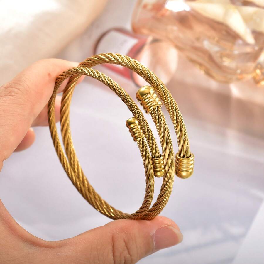2pcs/Set Fashion Classic Stainless Steel 18K Gold Plated Button Pattern Wire Couple Bracelets, Unisex, Suitable For Daily Wear And Party - Gold - View 1