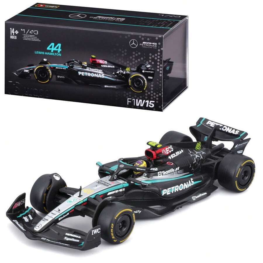 Burago- Mercedes-AMG F1 W15 E Performance (Hamilton) -1/43, Negro, Gris, 18-38208 (#44) Incluye Caja de Exhibición