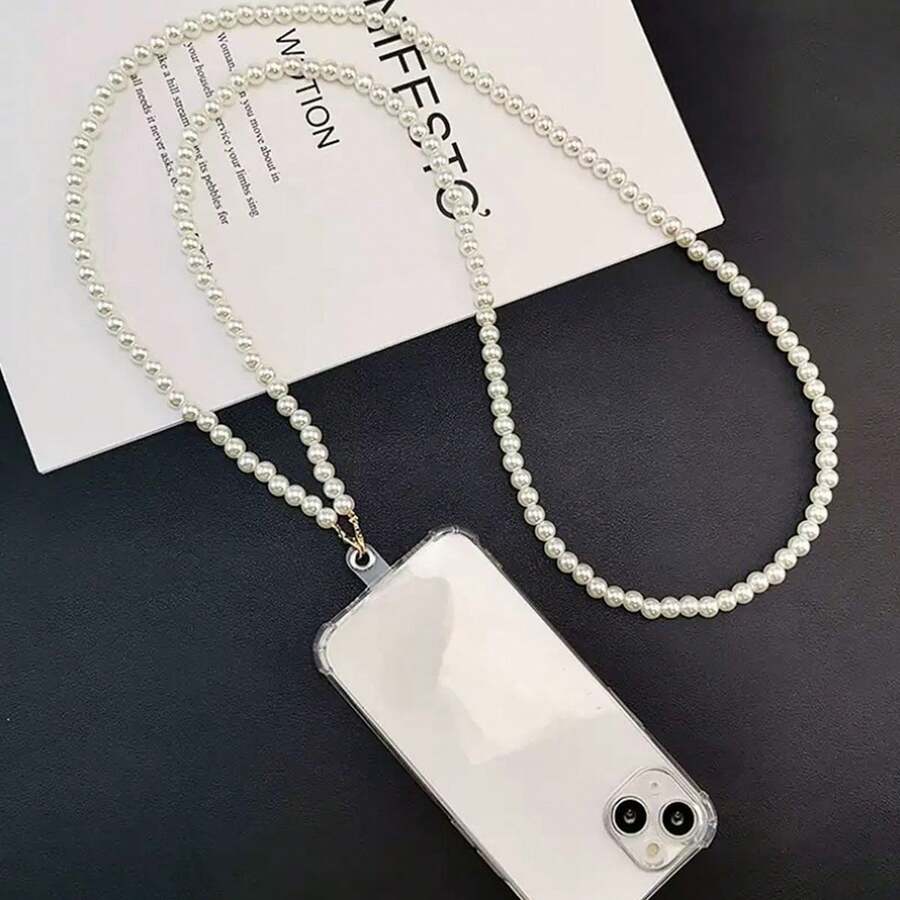 Long Faux Pearl Handmade Beaded Phone Lanyard Bag Strap Pearl Chain Shoulder Strap Versatile Replacement Anti-Loss Chain - Multicolor - View 1