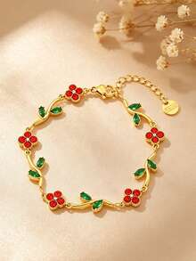 1pc 18K Gold-Plated Stainless Steel Multi-Color Flower Leaf Clover Bracelet, Light Luxury Retro Flower Zirconia Women's Accessory - Gold 13 - View 6