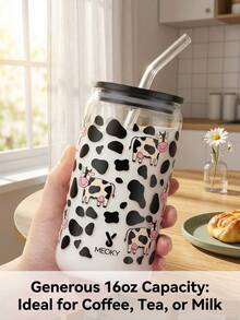 Meoky 16oz Glass Cup, Cow Print, High Borosilicate Glass Jar-Shaped Cup. Multi-Functional Kitchenware, Suitable For Home Hospitality, School Lunch Box And Office Coffee. Charming Everyday Cup And Party Favor. - Black Lid Black and White Cow - View 7