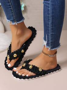Sandal Jepit Hangat Musim Gugur/Dingin dengan Hiasan Paku Keling, Sol Lembut untuk Dipakai di Dalam dan Luar Ruangan, Wanita - Hitam - View 14