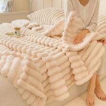1pc Solid Color Striped Soft Warm Plush Blanket, Room Decor Multi-Functional Throw Blanket, Suitable For Bed, Sofa, Travel, Office, Bedroom Decoration Home Decor Autumn Decor All Season Use, Perfect Christmas And Halloween Gift For Friends And Family - Milky White - View 11