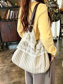2026 New Summer Mori Style Vintage Lace Floral Plaid Patchwork Fabric Tote Bag For Women, Versatile Shoulder Handbag For Commuting - White - View 3