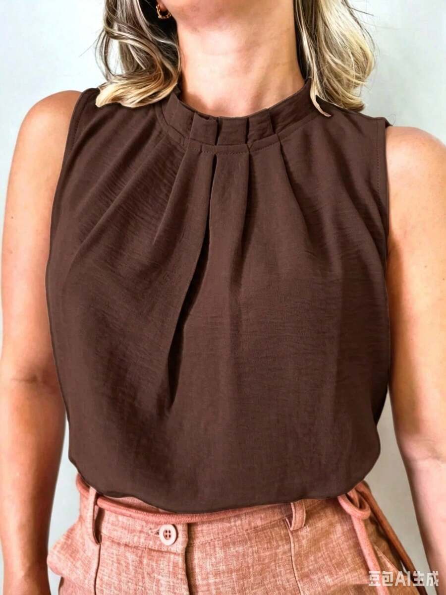 Women's Social Blouse, High Neck, Button On The Back, Super Fashion - 鏽棕色 - 查看 1