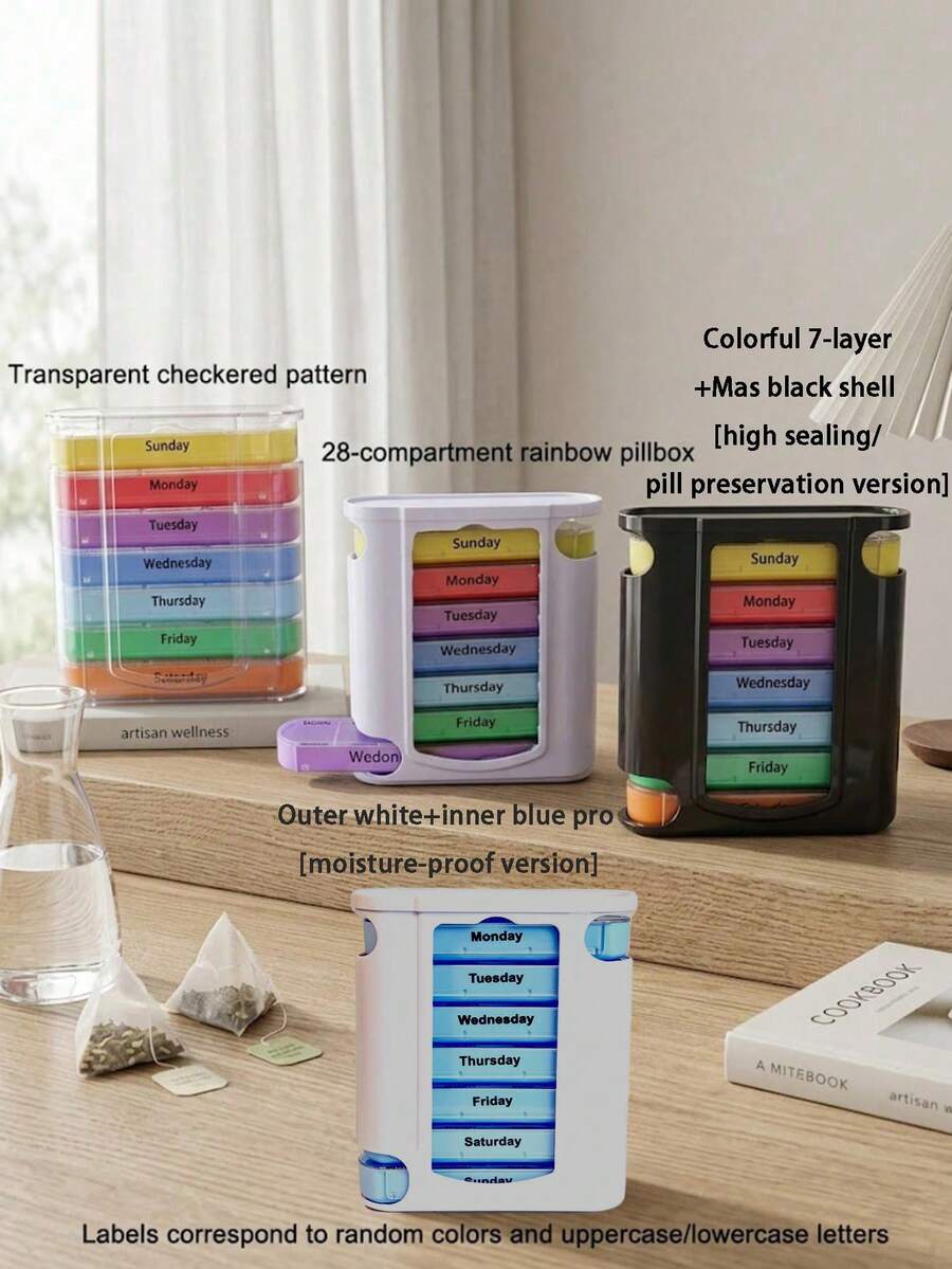 2/1pc 28-Compartment 7-Day Portable Pill Box, Stackable Daily Pill Organizer - (4 Times Per Day) Weekly Medication Reminder - Premium Weekly Morning/Evening Pill Box For Morning, Noon, Evening And Bedtime Medication, With 7 Separate Stackable Compartments, Daily Medication Organizer, Also Suitable For Storing Vitamins, Travel Essentials, Mother's Day, Pill Box, Gift For Seniors