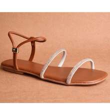 Sandália Feminina Casual Rasteira Tiras Finas Bico Quadrado Elegante Leve Confortável Moda Feminina - Marrom - Visão 7