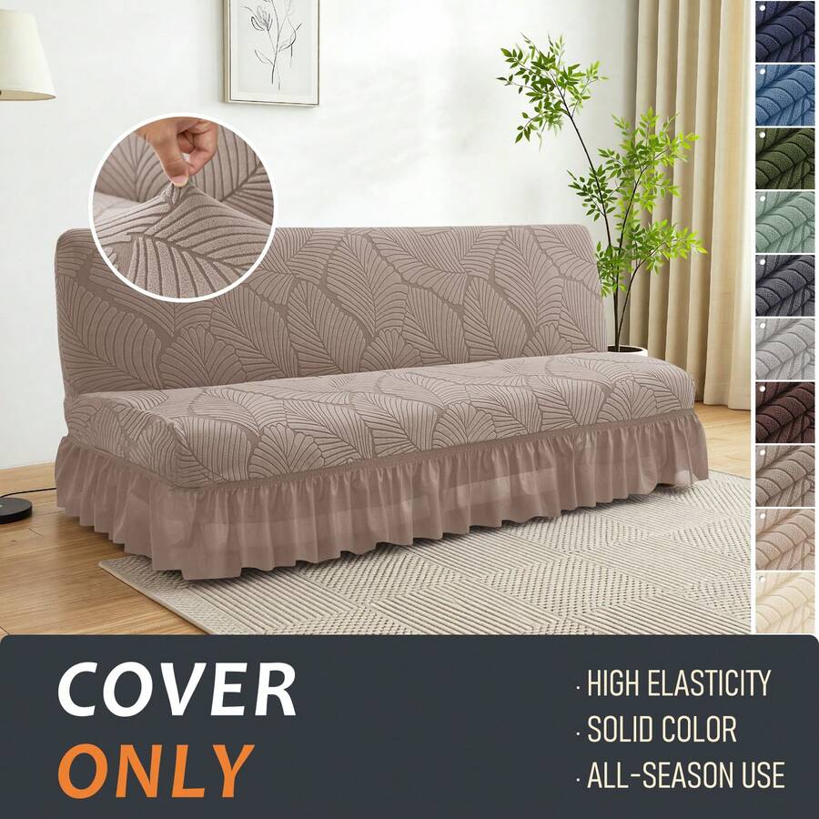 Futon Sofa Bed Cover With Ruffled Skirt, Stretch Jacquard Big Leaf Pattern Elastic One-Piece Slipcover, Machine Washable Furniture Protector For Living Room - Khaki - View 1