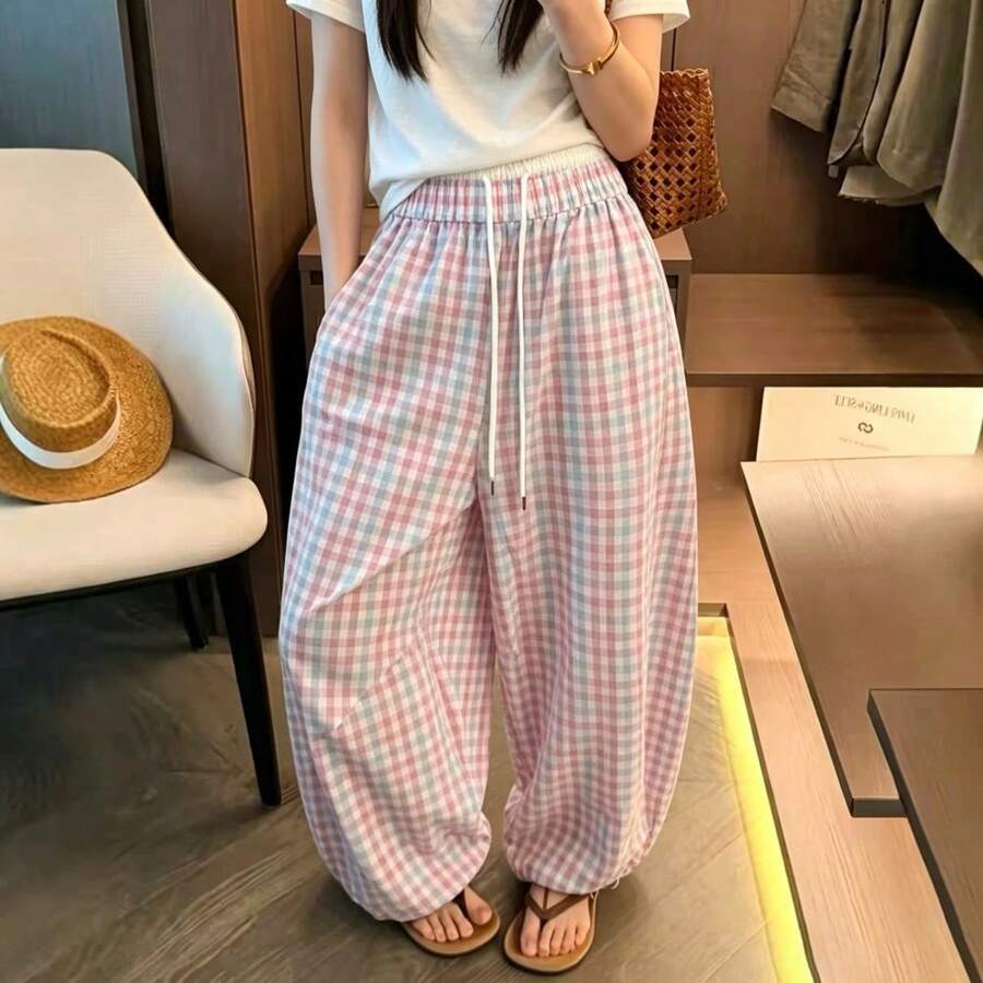 Spring/Summer Casual Slouchy Versatile Loose Design Contrast Color Plaid Elastic Double Waist Drawstring Wide Leg Pants - Baby Pink - View 1