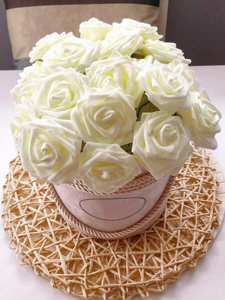 1/3pcs Artificial White Rose Flowers, Faux Roses For Home, Office, Wedding Table, Party, Yard, Garden And Summer Decoration - White - View 1