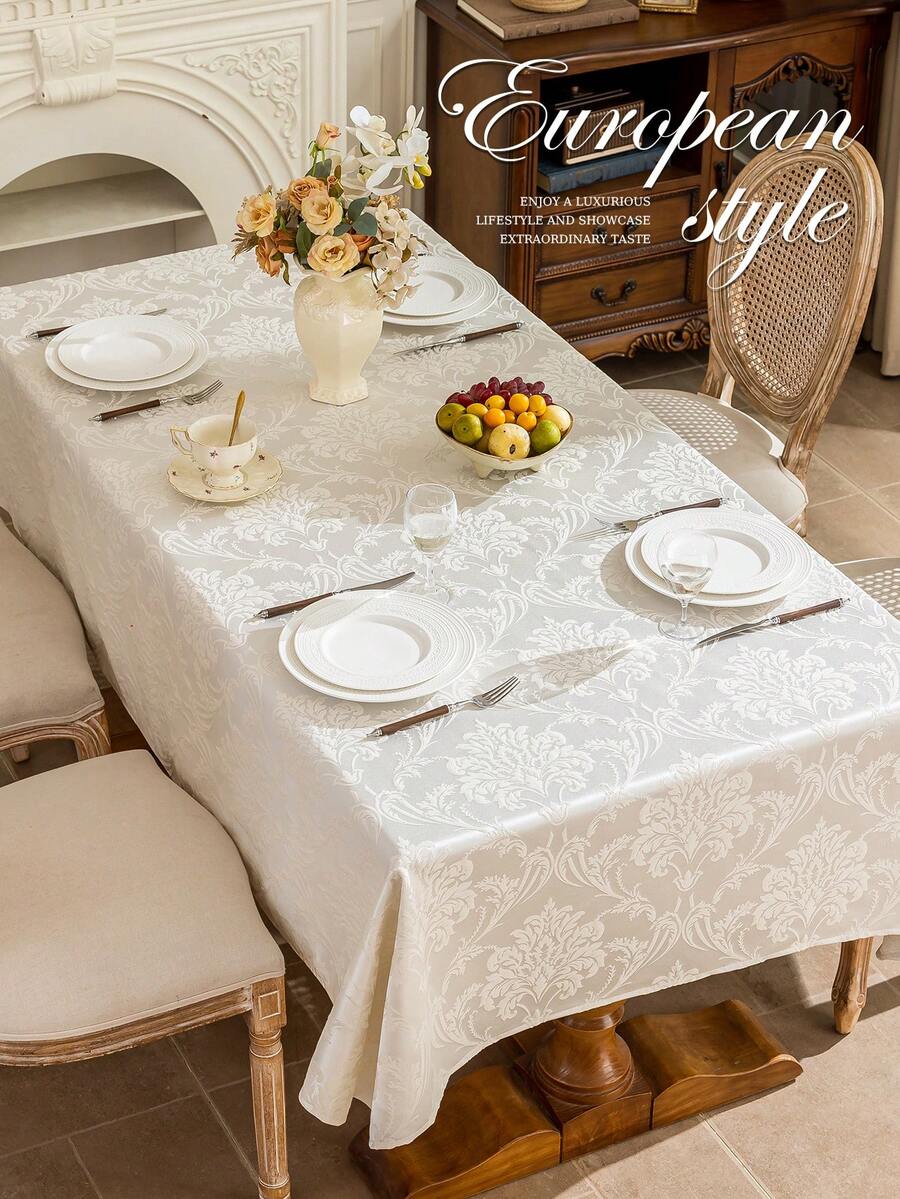 1pc French Cream White 3D Jacquard Tablecloth, Paisley Pattern Round/Square/Rectangular Dining Table Cover, Luxury European Country Style Decorative Tablecloth, Suitable For Home Kitchen, Gathering, Wedding, Banquet Scenes, Multiple Size Options - Creamy White - View 1