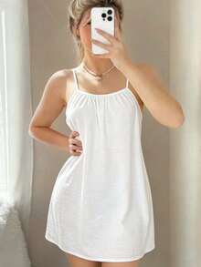 1pc Women's Loose Spaghetti Strap 100% Cotton Moisture-Wicking Breathable Nightgown Loungewear - White - View 7