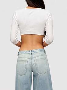 Women Y2K Ribbed Deep V Front Tie Crop Top, Three Quarter Sleeve Slim Fit Solid Color Casual Cropped Blouse - White - View 5