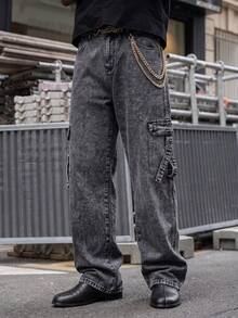 Charcoal Gray Snowflake Washed Denim Jeans For Men, Side Multi-Pocket Ribbon Buckle Decor Loose Straight Leg Denim Pants - Dark Grey - View 1