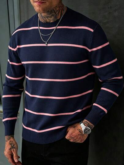 Men's Autumn/Winter Minimalist Colorblock Striped Fashion Casual Crew Neck Long Sleeve Sweater