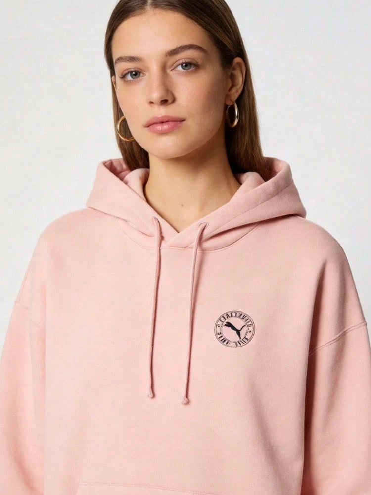 PUMA CLASSICS Solid Color Logo Oversized Pullover Hoodie Unisex Pink - Pink - View 1