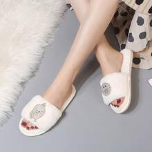 Cream White Rhinestone Cartoon Plush Slide Slippers For Women, Sweet Open Toe Warm Thermal Slippers, Matching Pajamas Home Set, Bedroom Dorm Indoor Casual Autumn Winter Fuzzy Slippers - White - View 3