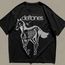 Vintage Skull Pony T-Shirt, Alternative Metal Pattern T-Shirt, Y2K Band T-Shirt - 黑色 - 查看 7