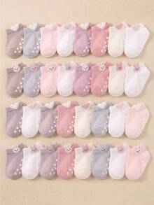 12/24 Pairs Pink Rabbit Jacquard Ear Design Non-Slip Grip Ankle Socks, Toddler Baby First Walker Socks, Soft Breathable Elastic, 0-36M School Baby Socks - Multicolor - View 4