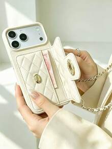 1pc Luxury Fragrance Style Quilted Chain Lock Card Holder Crossbody Phone Case, Premium Wool Pattern Quilted Microfiber Leather, Crossbody Leather Chain Coin Card Wallet Portable Protective Shell Suitable For Women Compatible With Apple/ Galaxy S24 Ultra 17 Pro Max/16 Pro Max/12 Pro/13/14 Plus/15 Pro Max/18/18 Pro Max - Beige - View 2