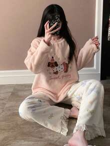 2pcs/Set Embroidered Autumn/Winter Women's Pajamas, Flannel Round Neck Pullover With Bow & Cute Cartoon Puppy Pattern, Wearable Loungewear - Baby Pink - View 1