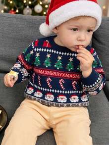 Boys Cute Santa Claus & Christmas Tree Pattern Long Sleeve Sweater Christmas Gift Crew Neck Pullover Suitable For Christmas Party, Daily Wear, Spring, Autumn, Winter - Navy Blue - View 1