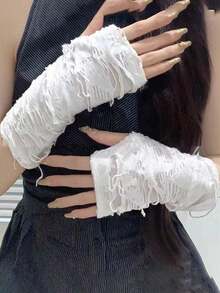 1 Pair Women's Punk Fingerless Gloves Role Play Ripped Gloves Suitable For Halloween Costume Party - White 2 - View 3