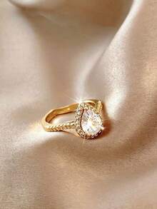 1pc Gold Copper Material Fashion Exquisite Luxury Elegant Water Drop Sparkling Rhinestone Cubic Zirconia Open Ring Suitable For Women Girls Daily Holiday Date Wedding Vacation Commute Wear - Gold - View 5
